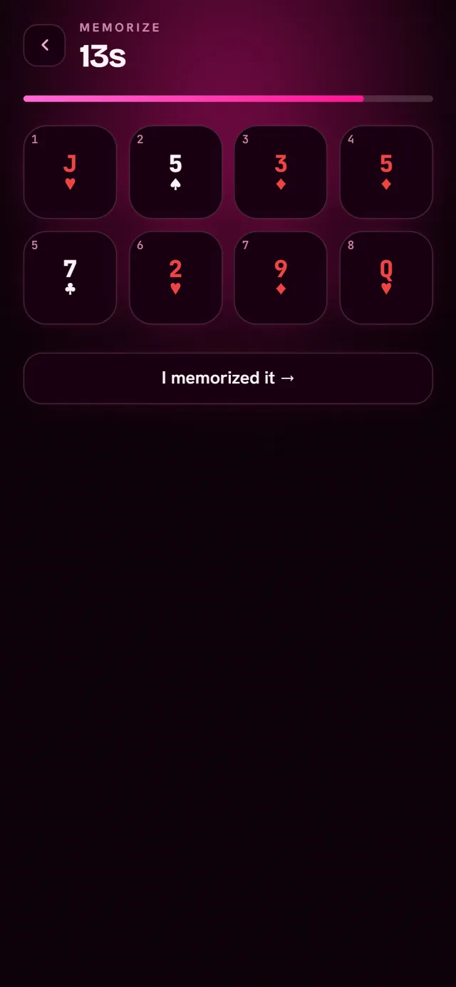 Card memorization exercise showing a sequence of playing cards and a countdown