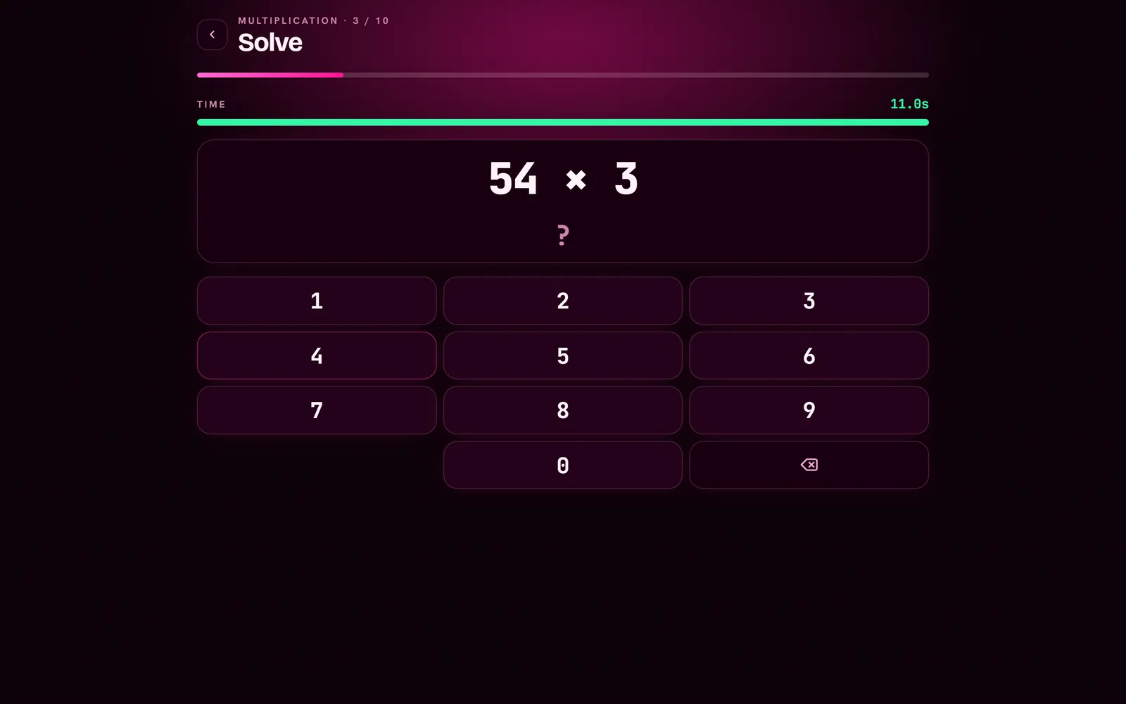 Mental multiplication drill on a big screen with a large problem and on-screen keypad