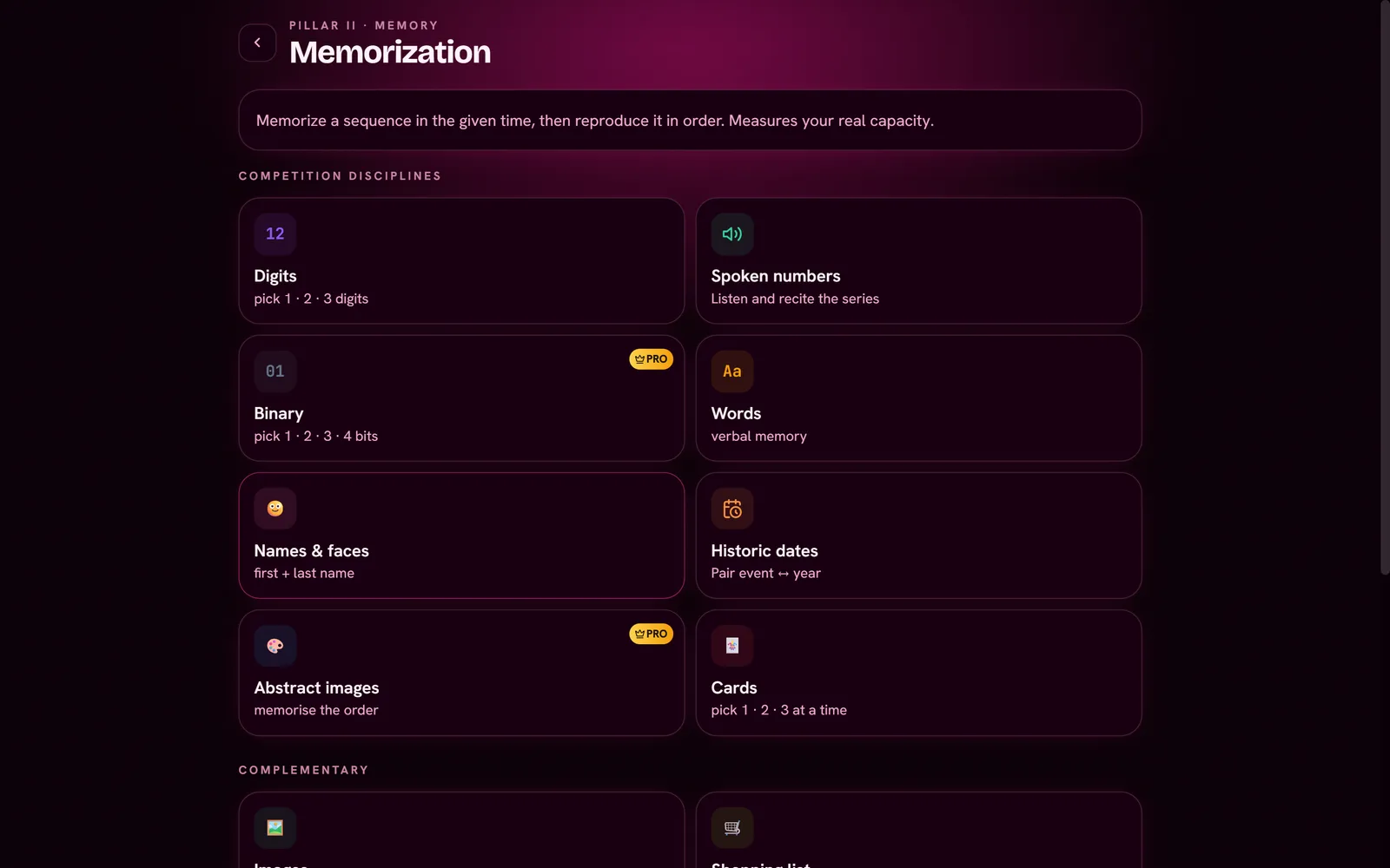 Memorization screen on desktop listing the competition disciplines: digits, binary, words, names and faces, cards