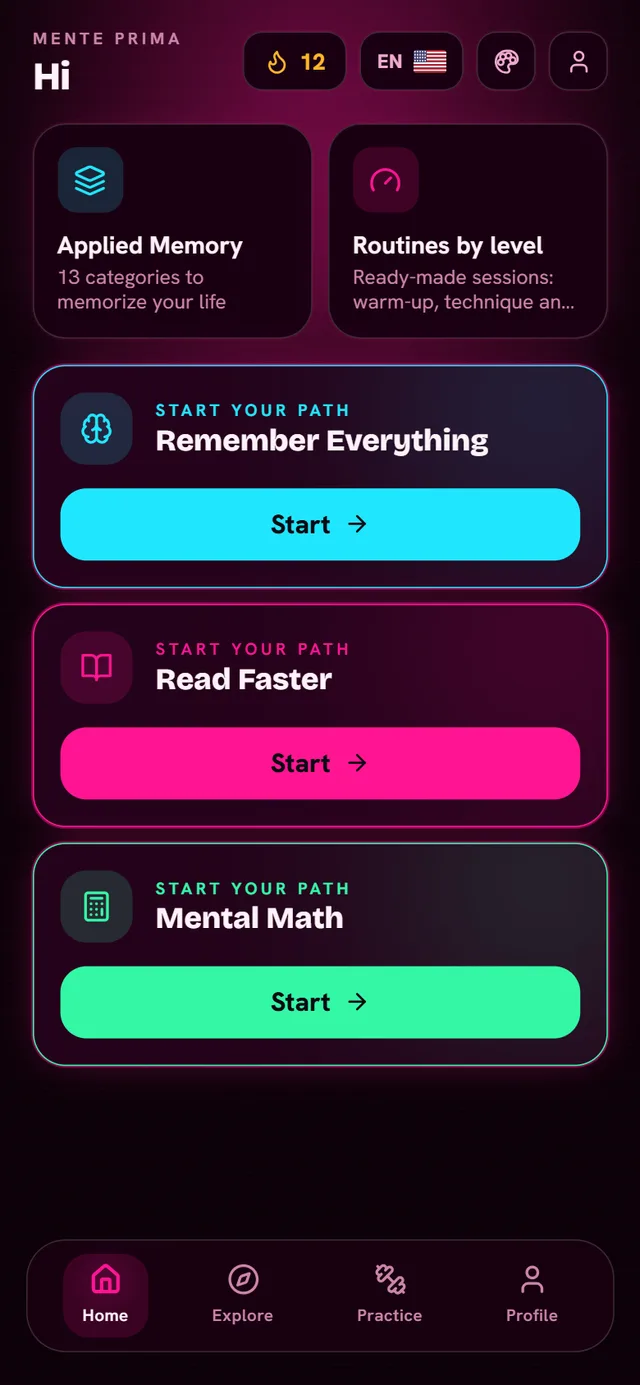 Mente Prima home screen showing a day streak and the three training paths ready to start