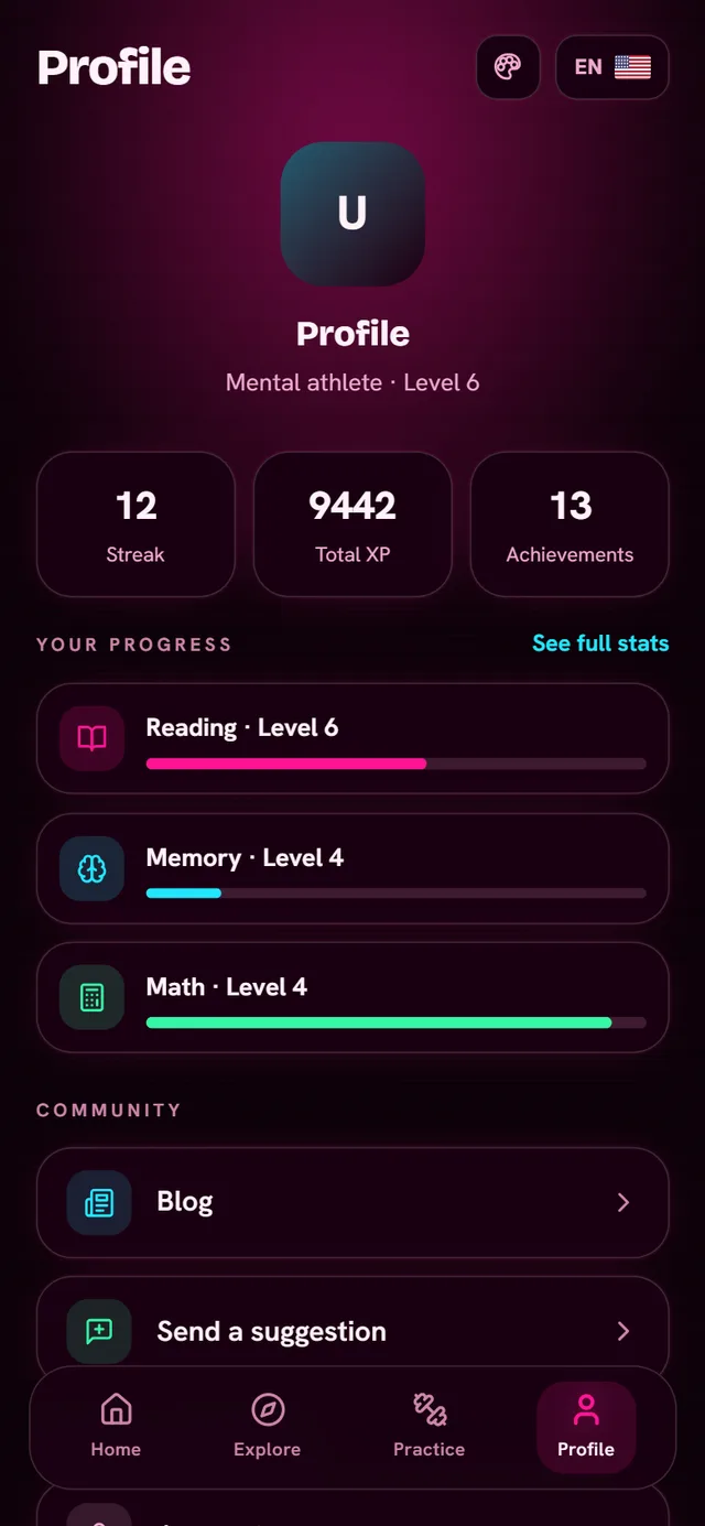 Profile screen with a 12-day streak, total XP, achievements and a level for each pillar