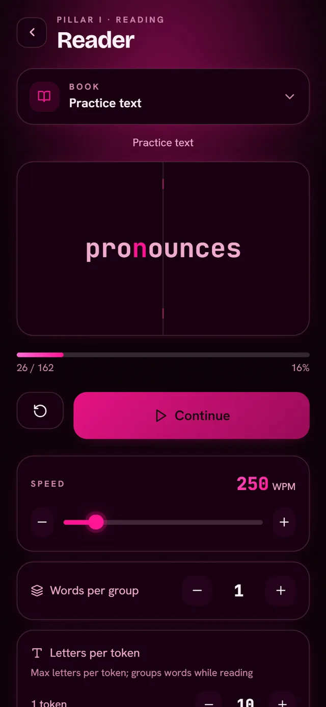 RSVP reader showing a single word with the fixation letter highlighted and a speed control in wpm
