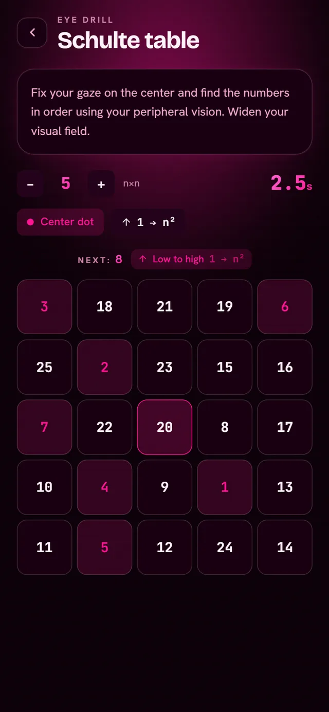 A 5 by 5 Schulte table mid-exercise, with found numbers highlighted and a running timer