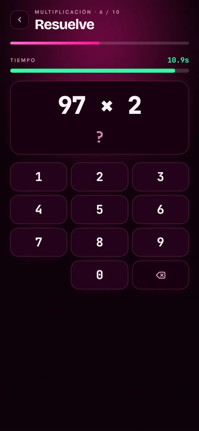 Ejercicio de multiplicación mental con teclado numérico en pantalla y barra de tiempo