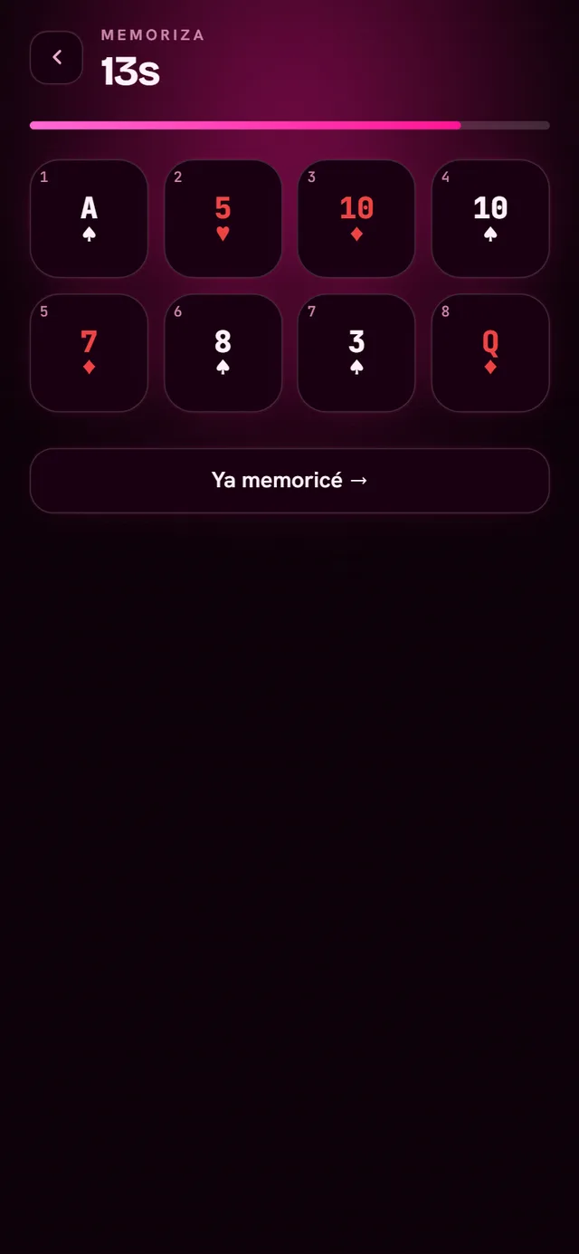 Ejercicio de memorización de cartas con una secuencia de naipes y cuenta atrás