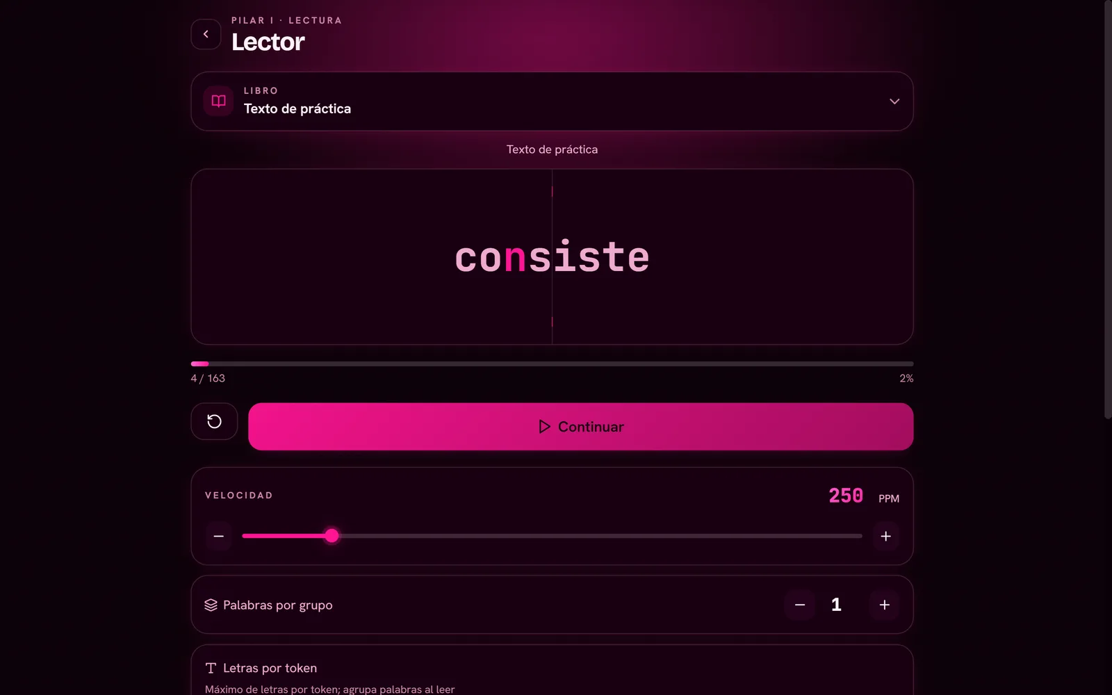 Lector RSVP en pantalla grande mostrando una palabra con la letra de fijación resaltada
