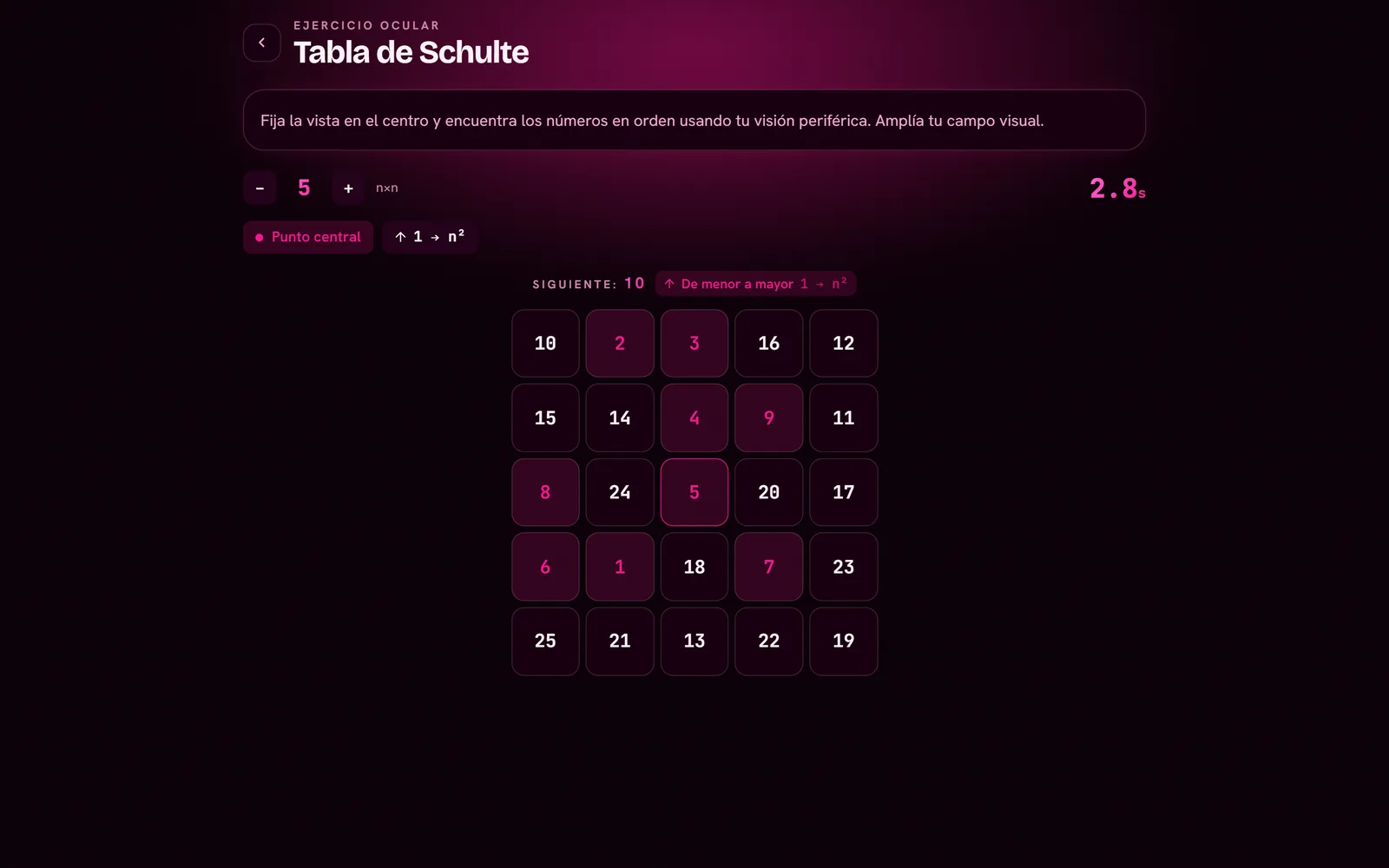 Tabla de Schulte de 5 por 5 en curso en la versión de escritorio, con cronómetro