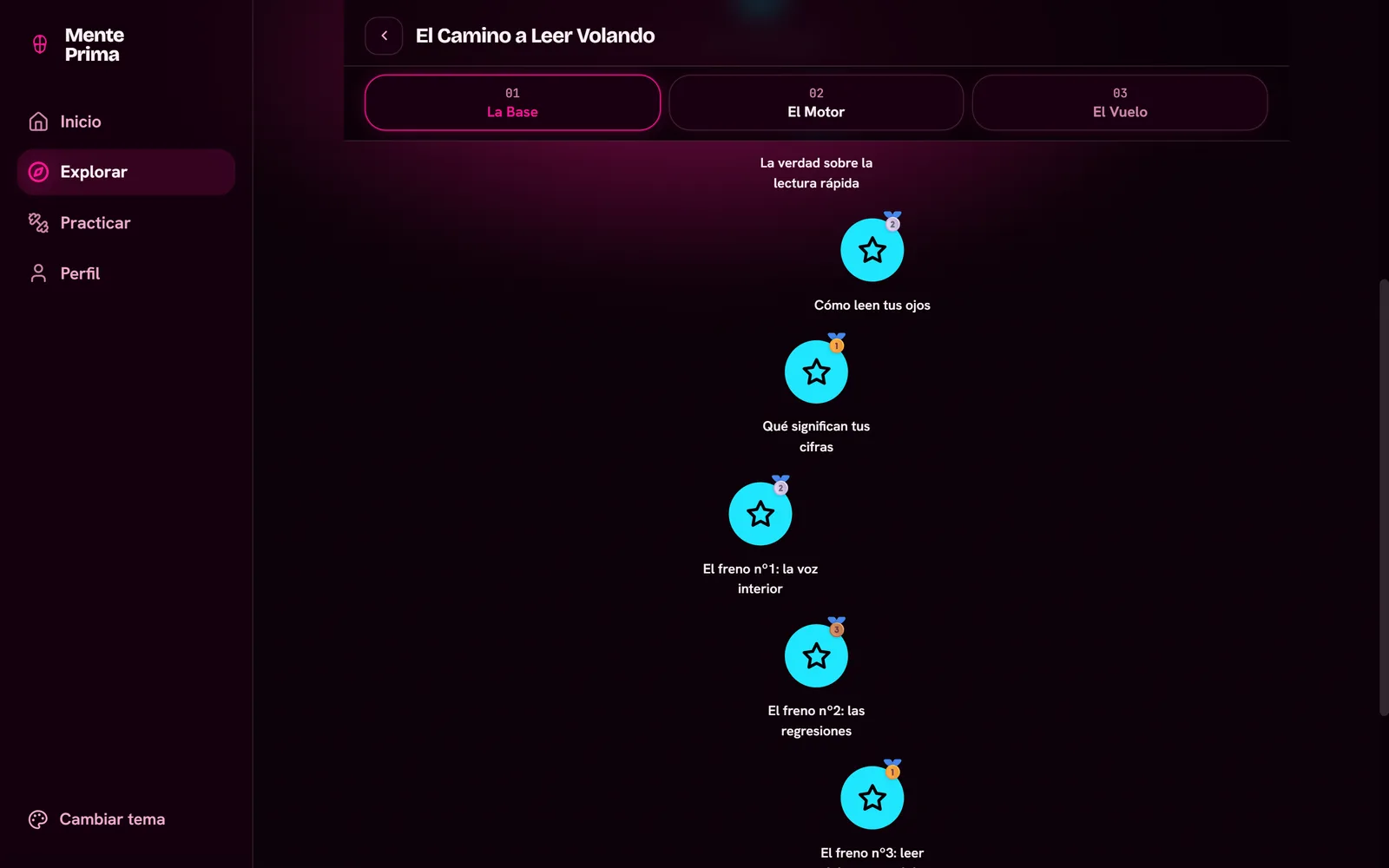 Mente Prima en una computadora: mapa del Camino de lectura a pantalla completa con el carril lateral de navegación