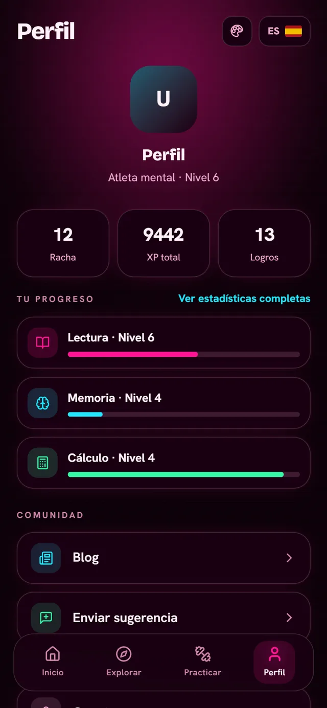 Perfil con racha de 12 días, XP total, logros y nivel por cada pilar
