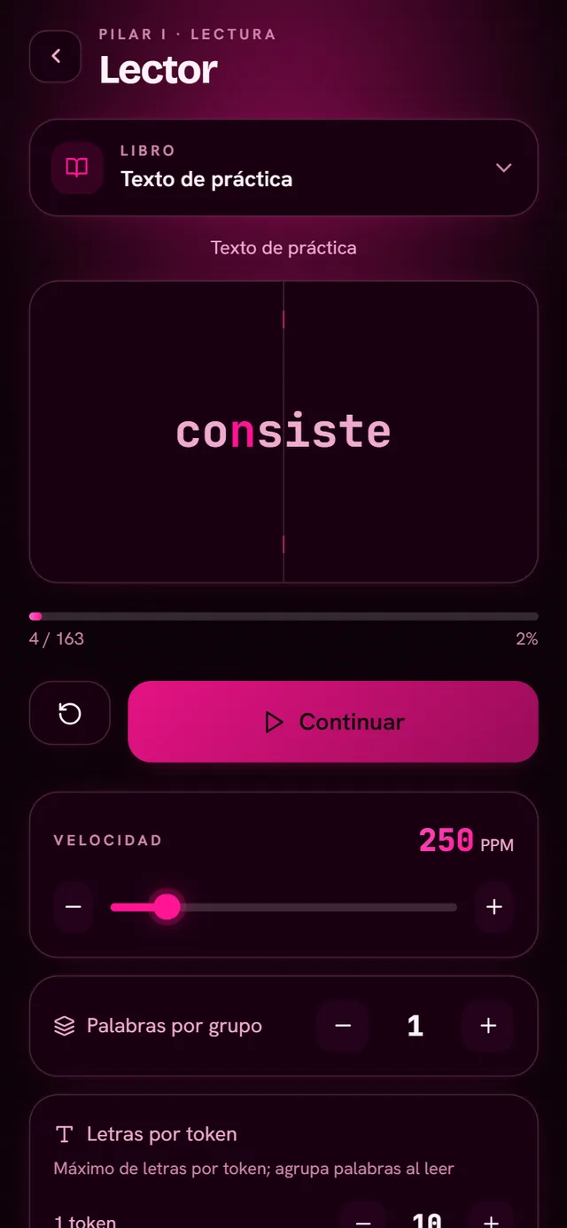 Lector RSVP mostrando una palabra con la letra de fijación resaltada y el control de velocidad en ppm
