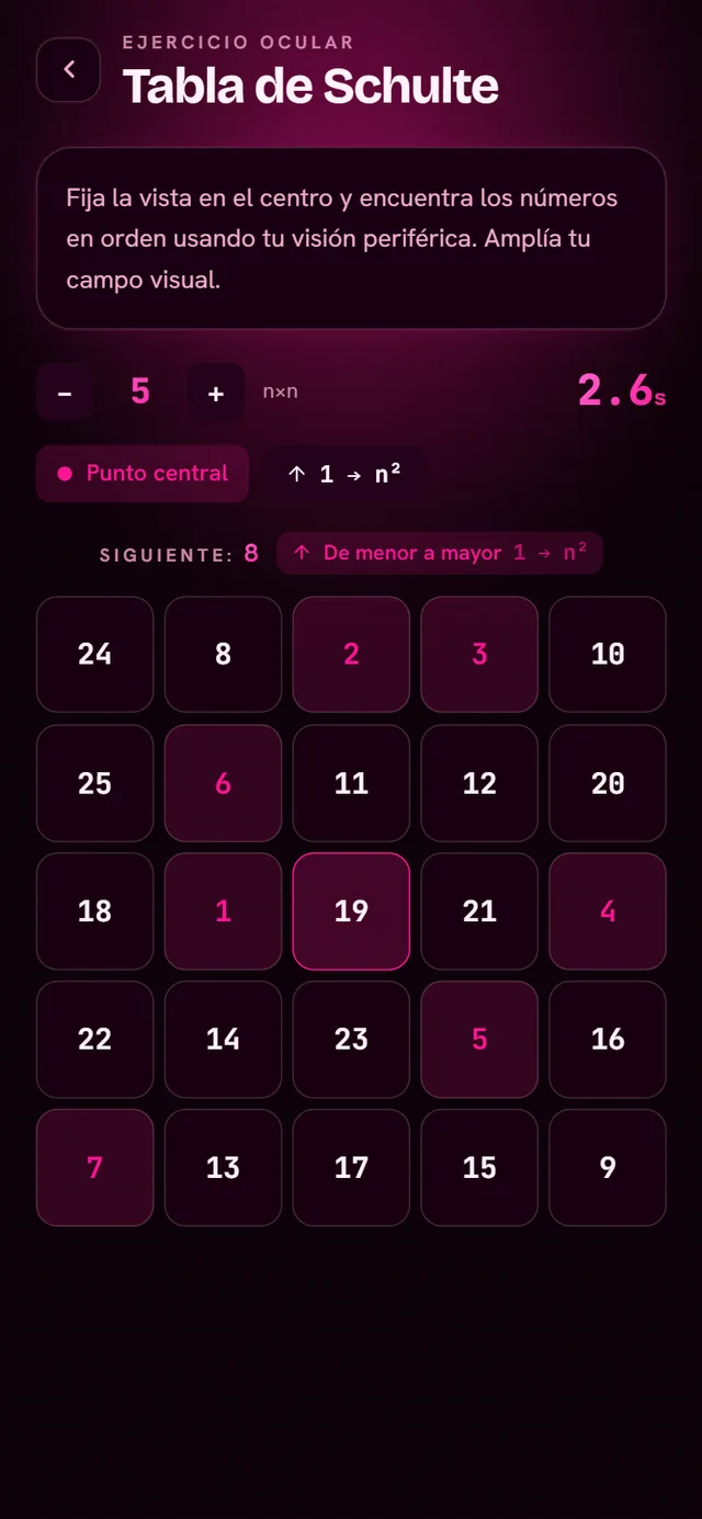 Tabla de Schulte de 5 por 5 en curso, con números encontrados resaltados y cronómetro